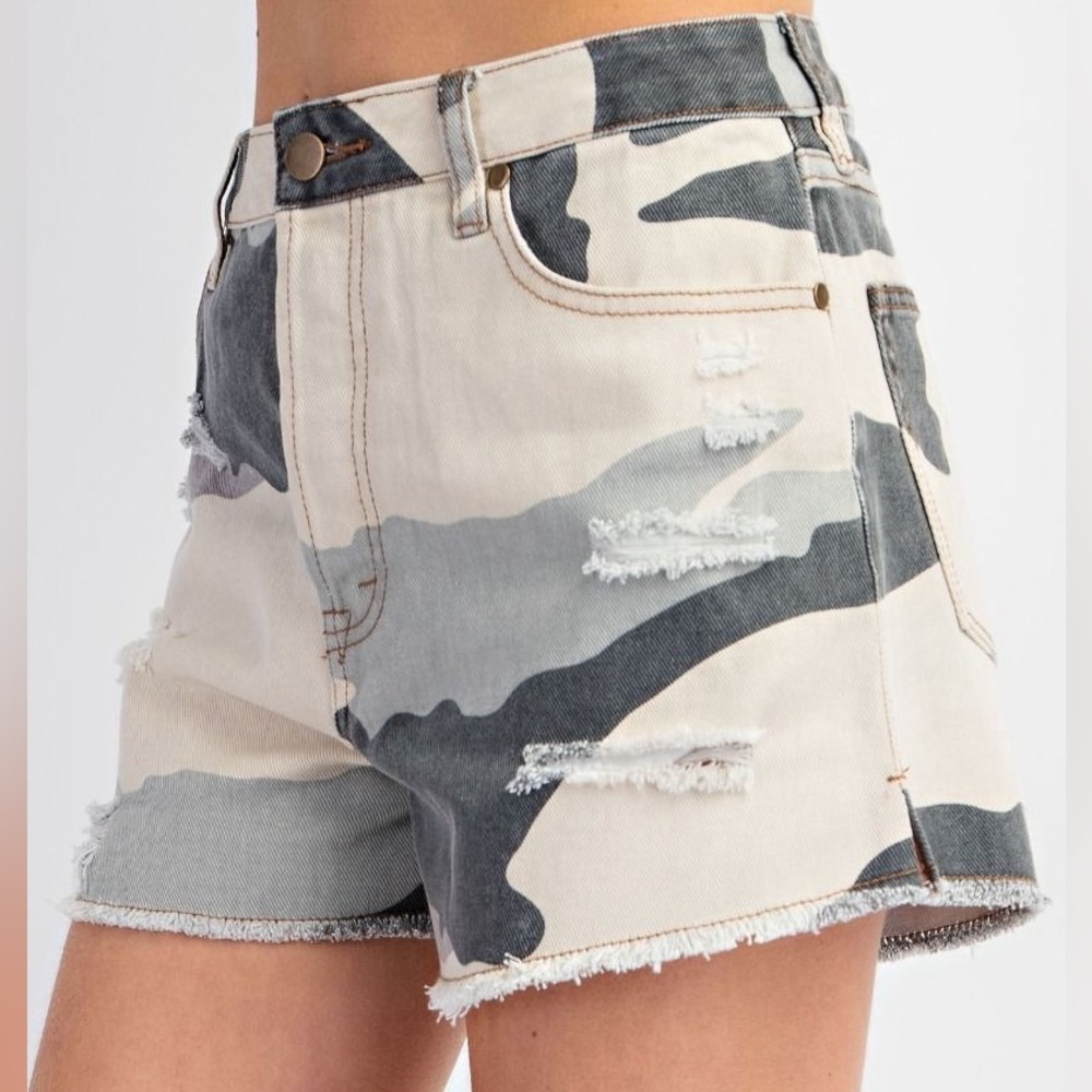 Easel Cream and Gray Camo High-Rise Frayed Denim Shorts